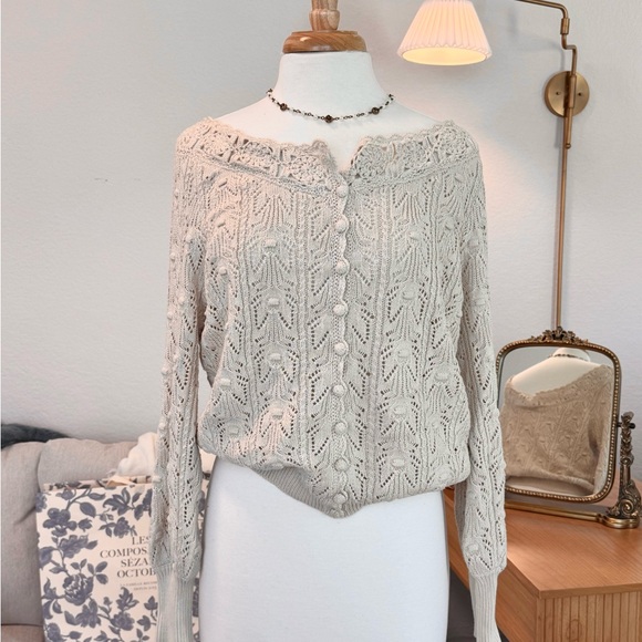 Sezane Sweaters - Sezane Beige Knit Lace Saja Cardigan